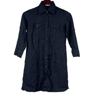 Fabindia 100% Linen Tunic Womens M Black Button Front Roll Tab Sleeves Lagenlook